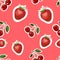 Pattern of realistic image of delicious strawberries and cherry different sizes. Red background