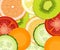 Pattern realistic tomato, cucumber, lemon, carrot, grapefruit, orange, kiwi, fresh vegetarian texture,