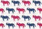 Pattern of red and blue horses on polka dot background