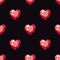 Pattern with red hearts rubies on a black background