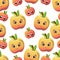 pattern red and yellow apples. Funny cartoon style characters, smile and shy face, apple party