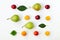 A pattern of ripe fruits and leaves - pears, plums, apricots. White background