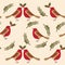 Pattern with Robin the bird. leaves, holly berries.