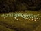 A pattern of round lamps of different colors on a green summer evening lawn. Light decor in the park