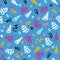 Pattern seamless blue with colored squiggles. Bright background in 90s style. Playful abstract print