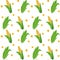 Pattern seamless hand drawn yellow corn cobs with green leaves, grains on white background.