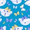 The pattern is seamless. Kittens with butterflies on azure background.