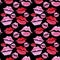 Pattern seamless of lips painted in watercolor on black isolated background.