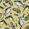 pattern, seamless texture with fish floats and hooks for the angler. Watercolor illustration.