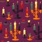 A pattern of a set of candles of varying degrees of burnout with candlesticks on purple. Red, black, yellow candles for
