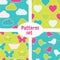 Pattern set with colorful clouds, hearts, butterflies, birds