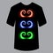 Pattern on shirt, for example application. Set neon patterns on black shirt. On textile, fabric, object, paper