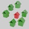 Pattern of small green and red houses. Mortgage problem concept. Interest rate. Residential building. Renting flat. Housing develo