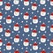 A pattern with snowmen with different faces. The background is winter and snowy for textiles. Christmas background with