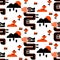 A pattern with a spring geometric dragon in orange and black colors. Seasonal elements flowers, rain, butterfly