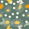 Pattern spring and rabbits. Wallpaper with chamomiles. Images of flowers and hares