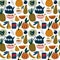Pattern with tea kettle, cups and fruits