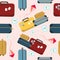 Pattern texture with travel colorfull suitcase, kite and stamp design vector illustration, travel style