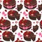 A pattern in the theme of a strawberry-chocolate cake: a piece of cake, chocolate desserts, strawberry decoration, a