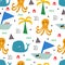 Pattern with tropical wild animals. Kid drawing.Abstract childish art. Baby pattern. For nursery fashion,wrapping or cover.