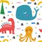Pattern with tropical wild animals. Kid drawing.Abstract childish art. Baby pattern. For nursery fashion,wrapping or cover.