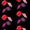 Pattern. Two pairs of lovers, lovely, beautiful, red, pink, purple fish stitched with white threads kiss on a black background on