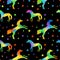 Pattern with unicorn silhouettes with rainbow fill and multicolors stars