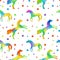 Pattern with unicorn silhouettes with rainbow fill and multicolors stars