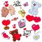 Pattern of Valentine`s Day theme doodle elements. Hand drawn and colored love symbols and hearts on white background