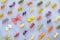 Pattern. Variety of types and shapes of Italian pasta on concrete background.