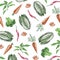 Pattern of vegetables drawn watercolor on a white background. Peppers, carrots, cabbage. Colored vegetables and greens.