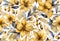 Pattern, watercolor beautiful golden flowers. Dirty watercolor background. Painted yellow flowers, leaves. Ornate, artistic