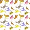 Pattern with watercolor dinosaurs on white. Seamless children illustration. For covering, textile, wallpaper.