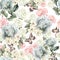 Pattern with watercolor realistic roses, butterflies and plants.