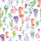 Pattern with watercolor seahorses, jellyfish and seaweed (algae)