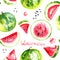 Pattern watermelons painted with watercolors on white background. Coloured bright watermelon