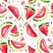 Pattern watermelons painted with watercolors on white background. Coloured bright watermelon halves