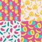 Pattern with yellow bananas, pineapples and juicy melon and watermelon