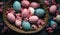 Patterned Easter eggs in basket on wooden background with sakura branches.