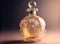 Patterned glass transparent perfume bottle with gold edging and copyspace.