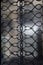 Patterned grating textures. Black wire ornate metal lattice on matte glass background. Abstract backdrop. Vintage gratings