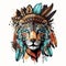 Patterned head of tiger in war bonnet native American Indian style