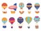 Patterned hot air balloons. Vintage flying transport, decorative bright colorful objects, retro romantic travelling