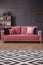 Patterned rug in front of a pink sofa with pillows in an elegant