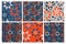 Patterns set with red blue stylized flowers