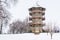 The Patterson Park Pagoda in the snow, in Baltimore, Maryland