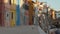 A paved embankment of italian Burano with colorful buildings and a hungry seagull