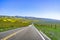 Paved highway going through mountains covered in wildflowers, Carrizo Plain National Monument area, Central California