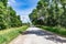 Paved path with forest on either side. Blue sky and clouds