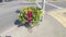 On the paved sidewalk at the edge of the carriageway of the city street on a metal pedestal installed a flower bed. The asphalt ro
